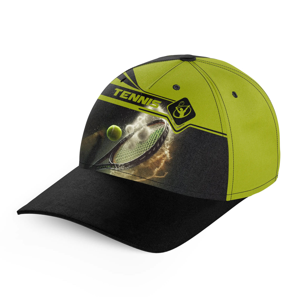 Casquette tennis vert énergie vue de profil avec visière noire et impression sublimation