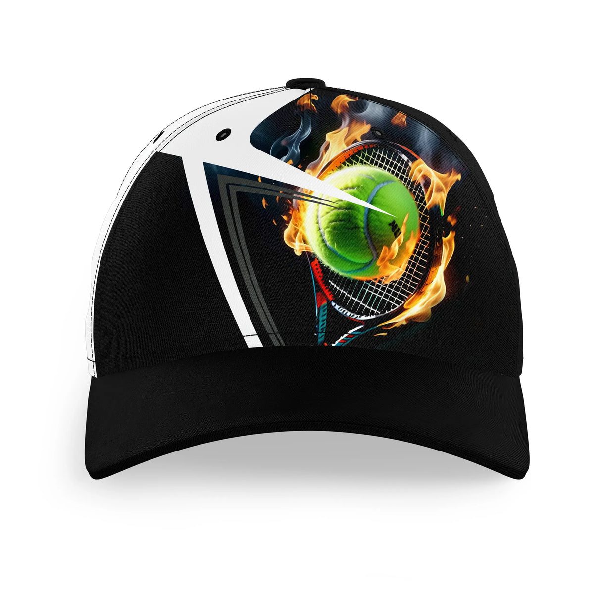 Casquette tennis noir et blanc avec balle de tennis en feu et raquette stylisée flamme orange