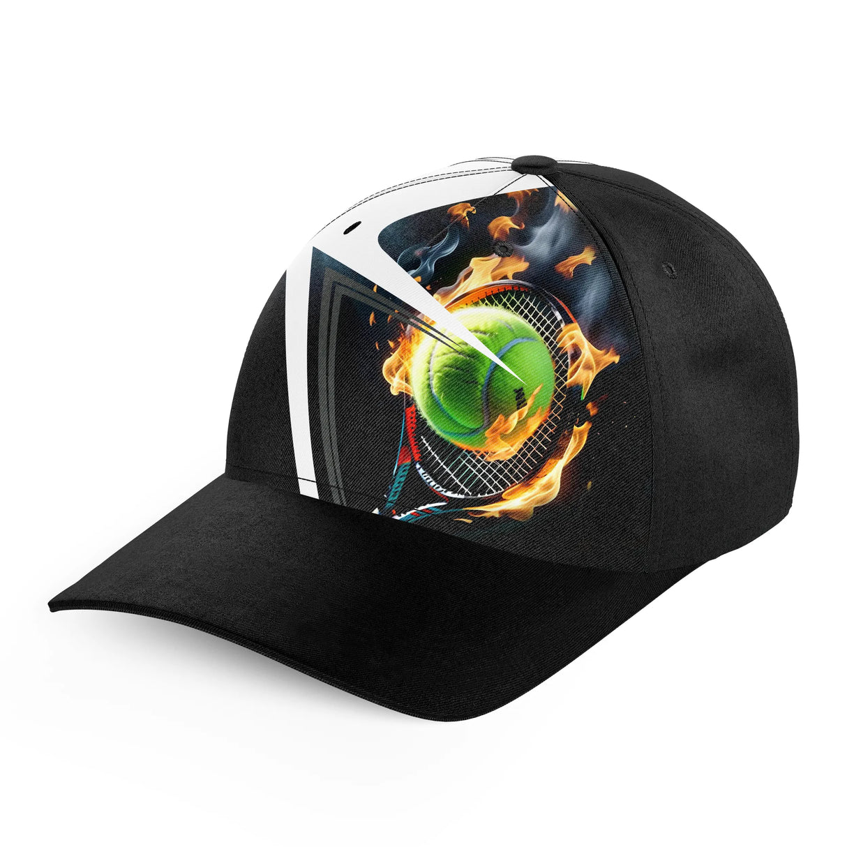 Casquette tennis balle en feu vue arrière noir blanc avec ajustement réglable et œillets ventilation