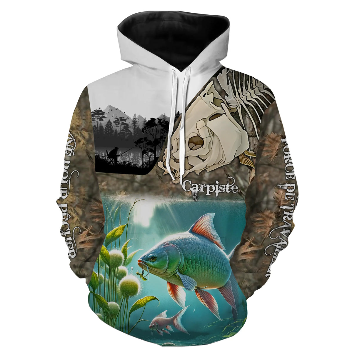 T-shirt all-over manches longues carpiste, formule Né pour pêcher pour passionné carpe en pleine eau