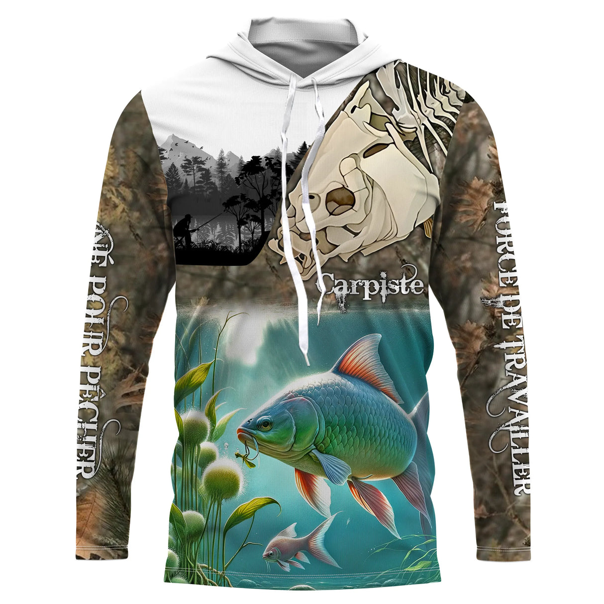 T-shirt anti-UV manches longues carpiste design subaquatique, tenue session été en gravière