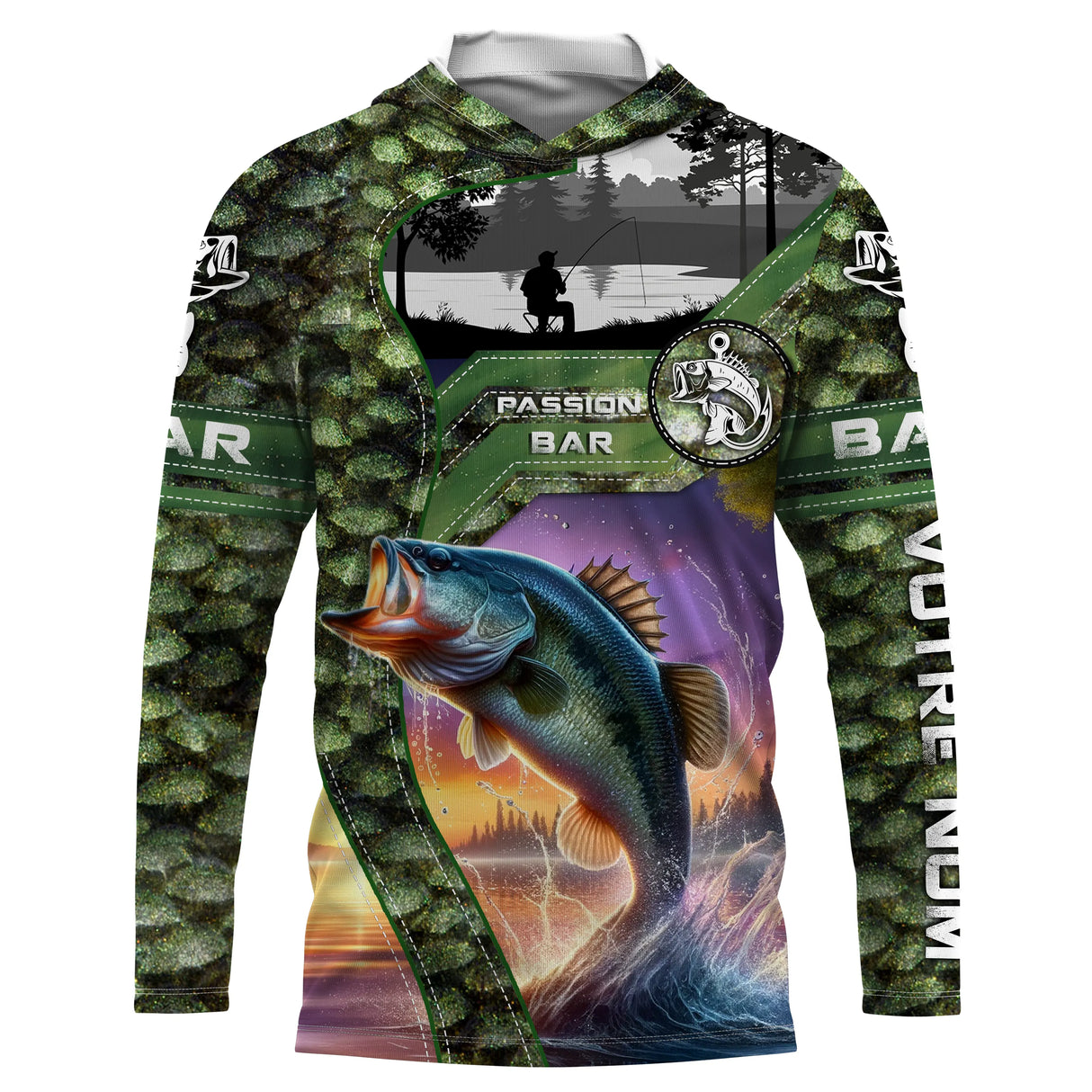 Sweat UV à capuche pêche bar peau passion multicolore camouflage écailles prénom personnalisé, vue de face