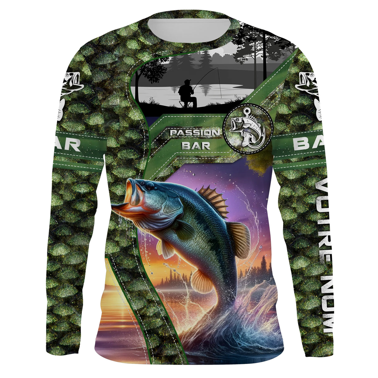 Maillot UV manches longues pêche bar peau passion multicolore camouflage prénom personnalisé