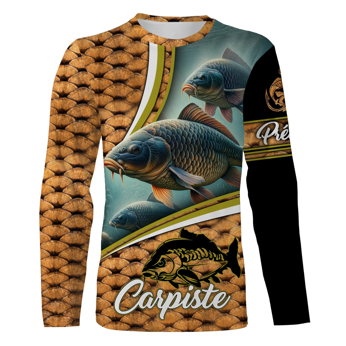 T-shirt carpiste vue de face design all-over orange ecailles, coupe unisexe personnalisable au prénom