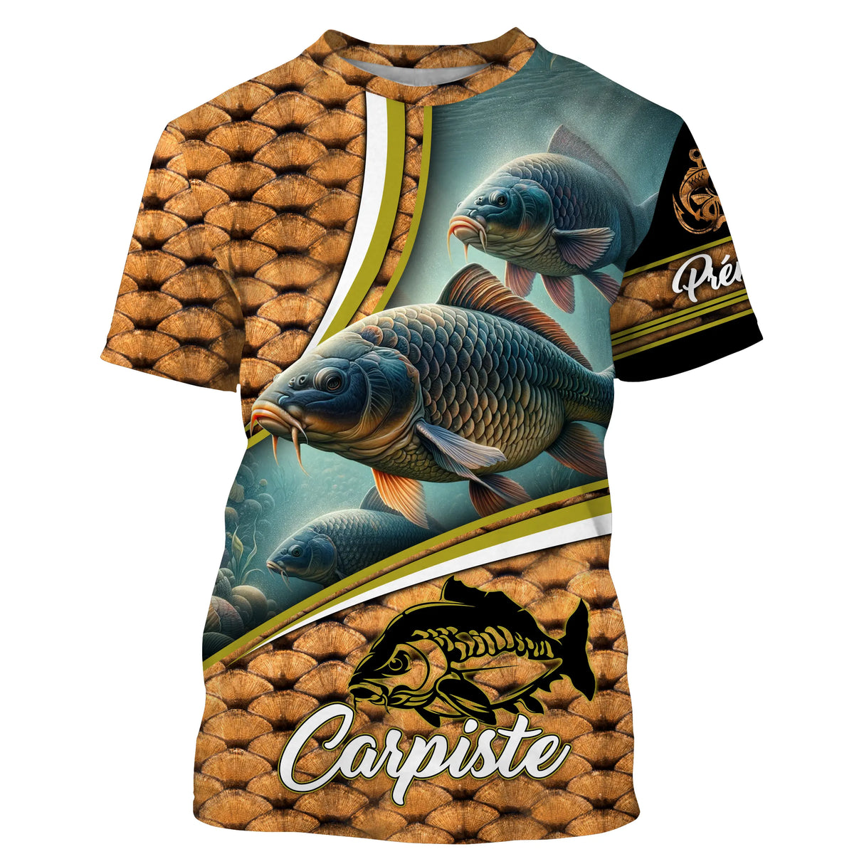 T-shirt carpiste personnalisé orange noir avec carpe et motif écailles dorées, lettrage Carpiste et prénom imprimé