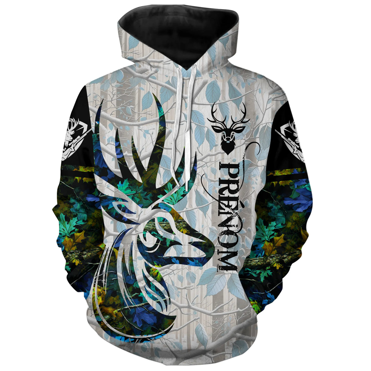 Sweat à capuche chasse cerf camouflage hiver, design crâne et neige, vêtement chaud pour chasseur en forêt enneigée