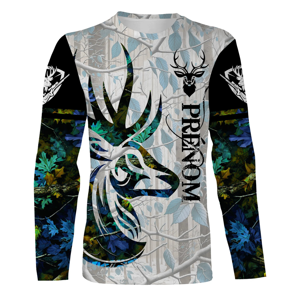 T-shirt cerf camouflage neige vue de face design hivernal turquoise et blanc, coupe unisexe personnalisable