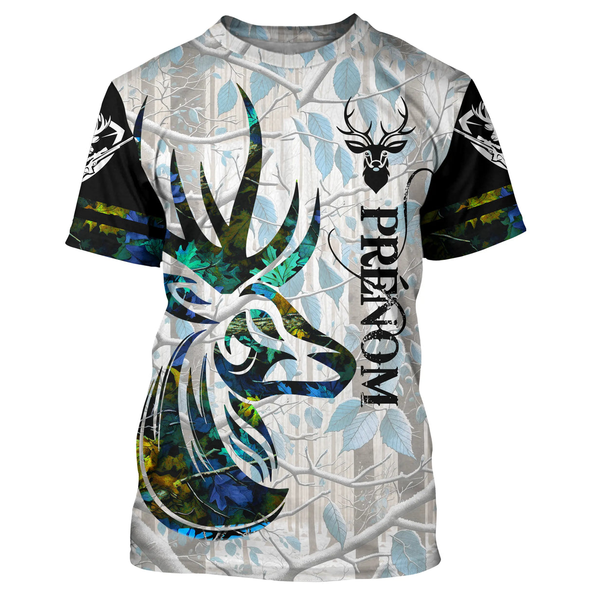 T-shirt chasse cerf camouflage hiver bleu turquoise avec crâne de cerf à grand bois stylisé et arabesques végétales, prénom