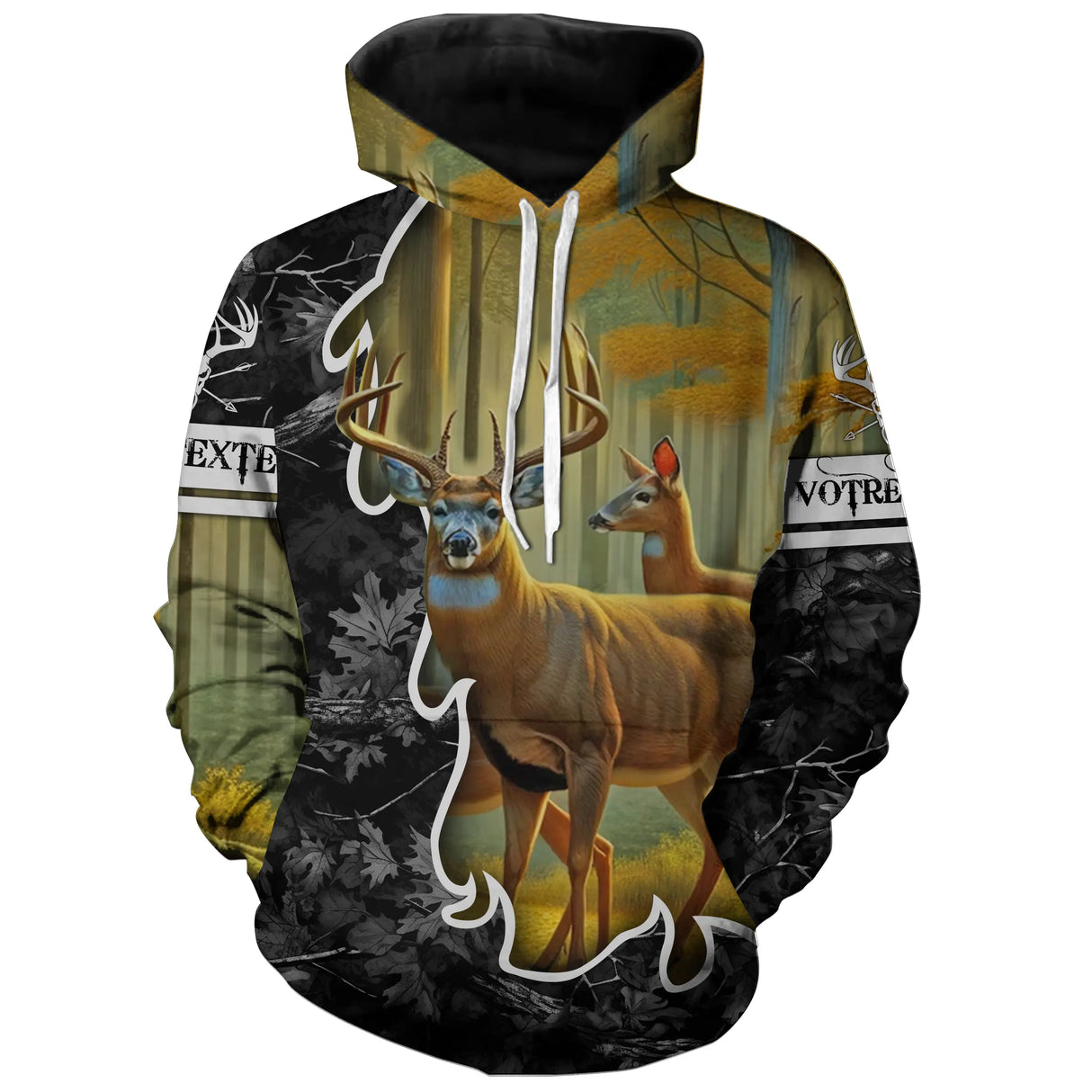 Sweat à capuche chasse cerf forêt camouflage avec cardinal, marquage prénom et texte pour chasseur