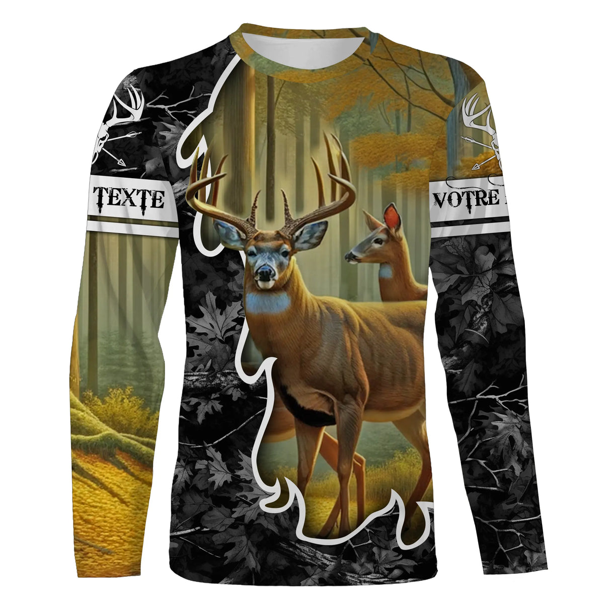 T-shirt chasse cerf forêt vue de face design all-over naturaliste, coupe unisexe personnalisable