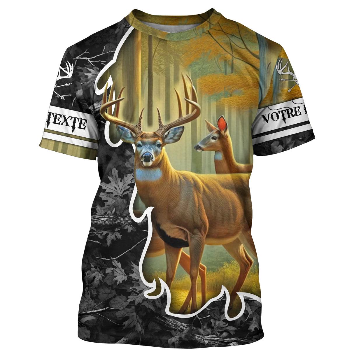 T-shirt chasse cerf camouflage forêt avec grand cerf au brame et cardinal rouge, prénom et texte personnalisés