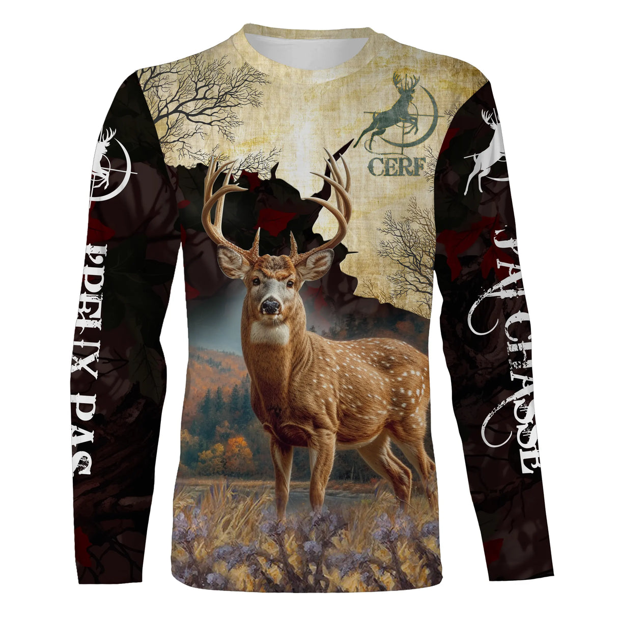 T-shirt chasse cerf jpeux pas automne vue de face design pittoresque, coupe unisexe disponibles chasseur
