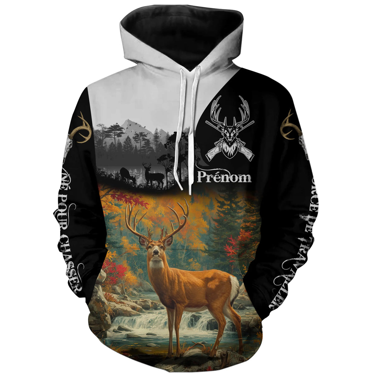 Sweat à capuche chasse cerf ruisseau montagne pour chasseur au brame, marquage prénom et couleurs forêt automne