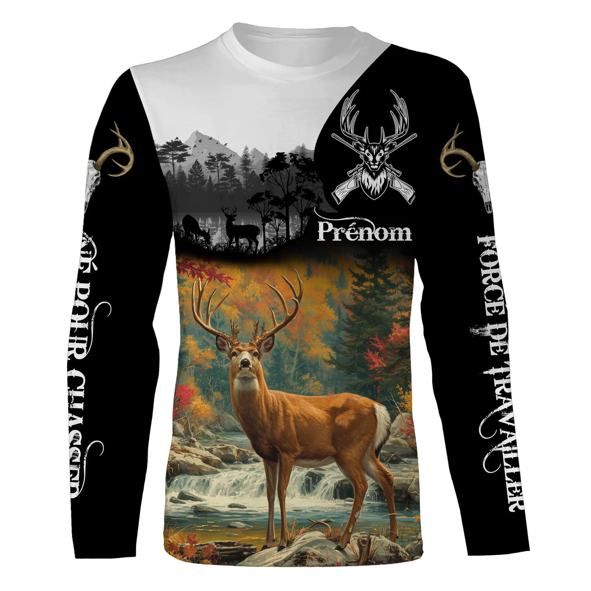 T-shirt chasse cerf vue de face design all-over forêt automne, coupe unisexe personnalisable au prénom