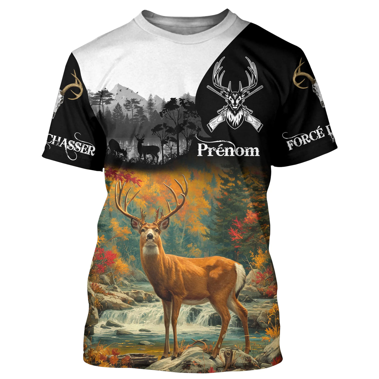 T-shirt chasse cerf ruisseau de montagne noir blanc orangé avec grand cerf et feuillage automne, prénom imprimé central