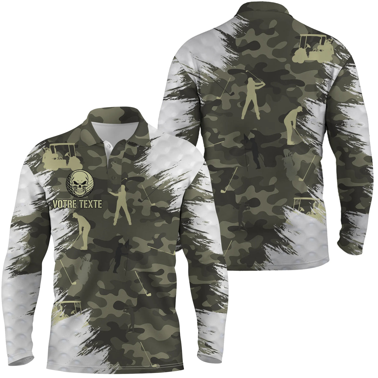 Polo manches longues golf unisexe camouflage vert kaki imprimé golfeur swing voiturette zone texte personnalisable