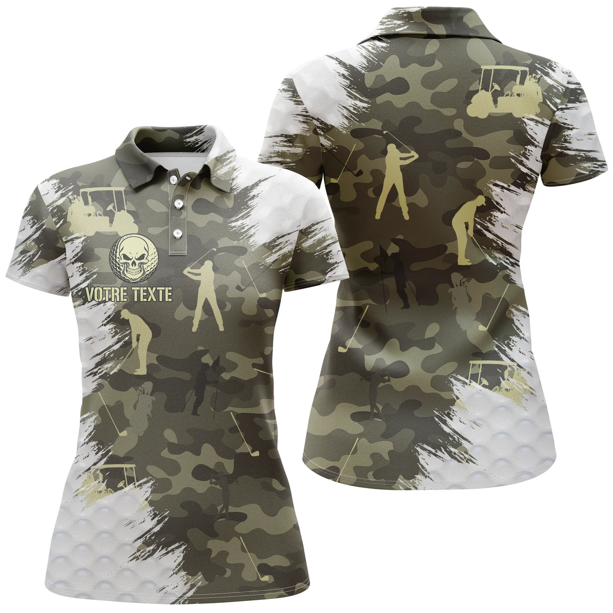 Polo golf femme camouflage kaki et beige all-over silhouettes golfeurs voiturettes texte personnalisable poitrine