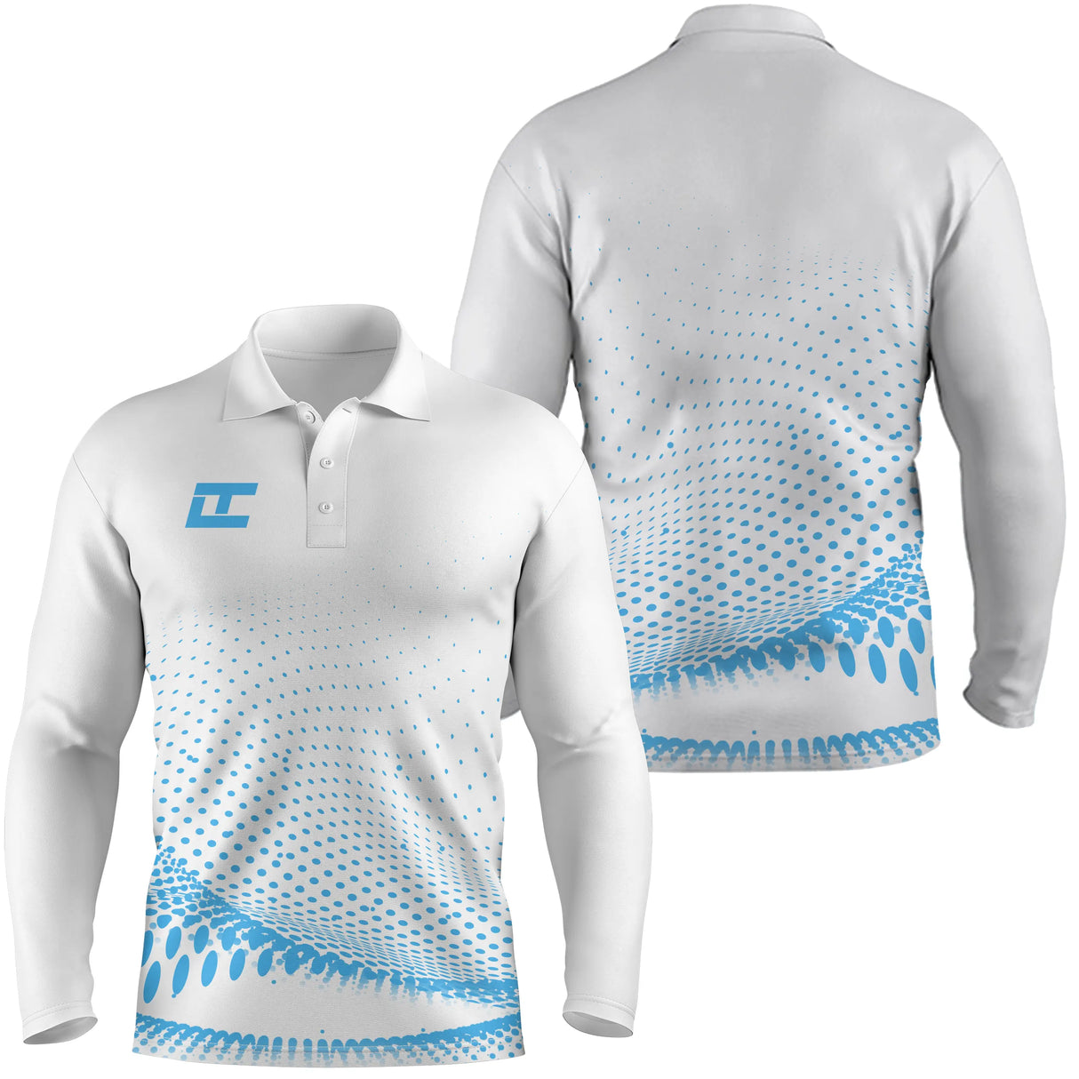 Polo manches longues sport unisexe blanc dégradé pointillé bleu ciel bas tissu respirant léger
