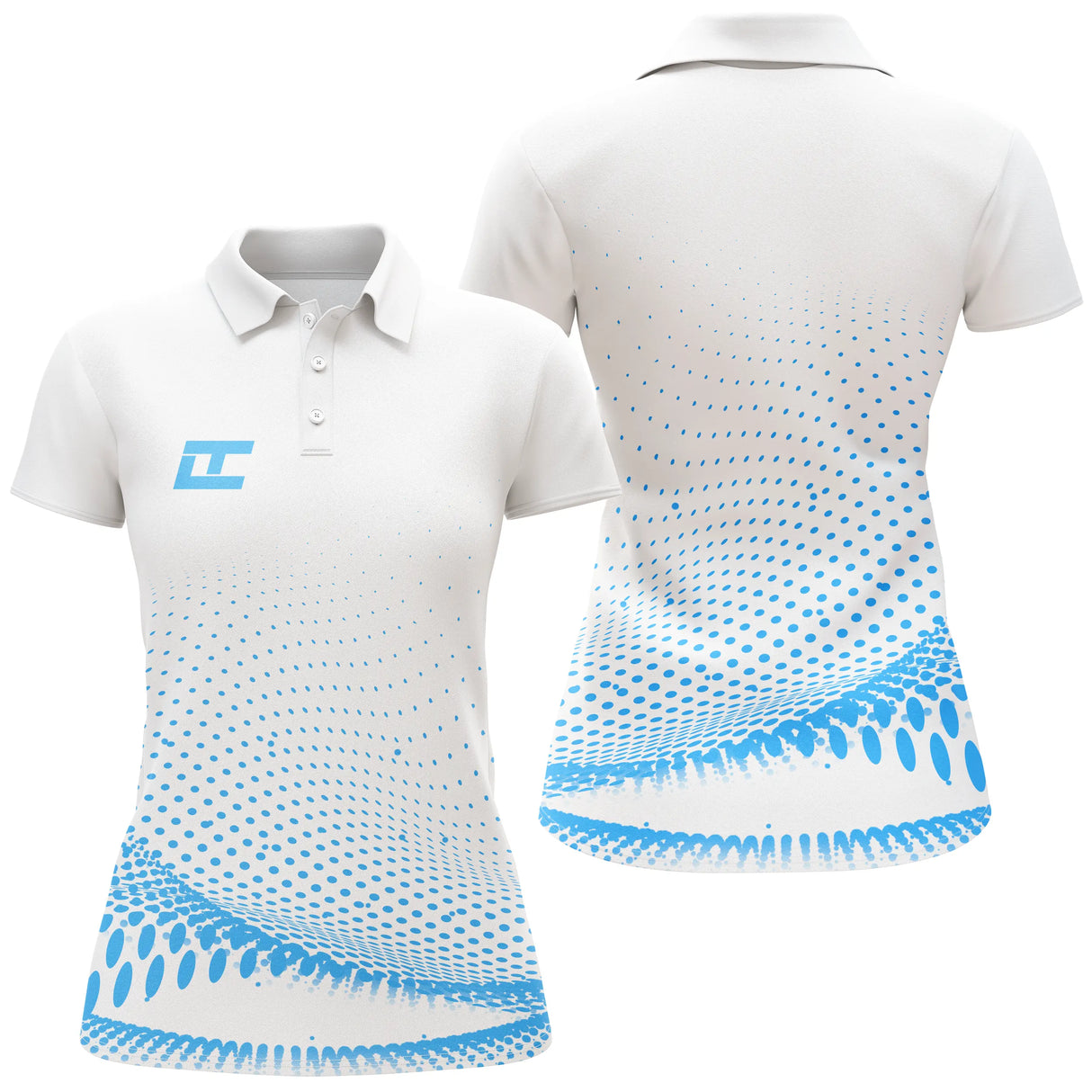 Polo sport femme blanc dégradé pointillé bleu ciel coupe cintrée tissu technique respirant