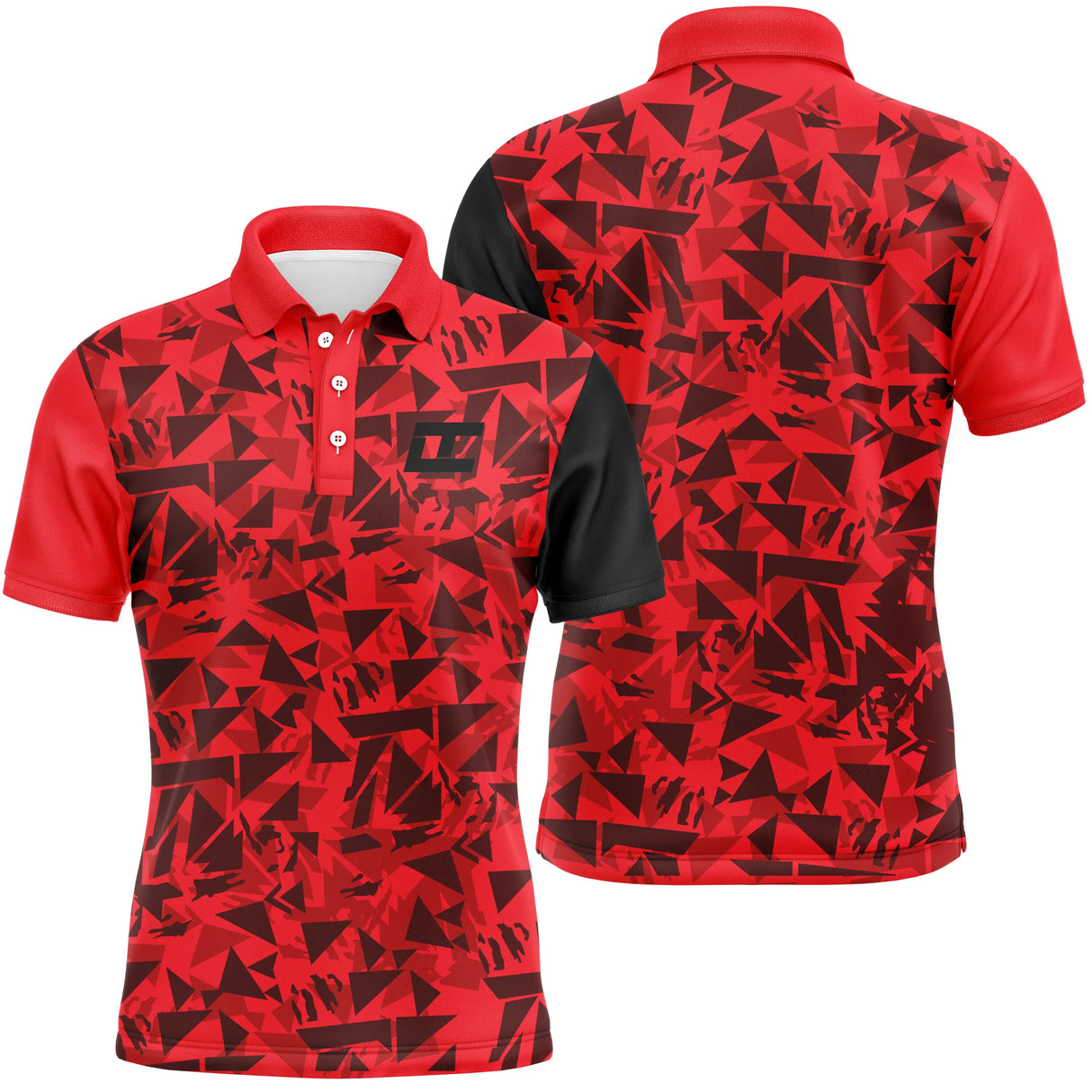 Polo golf homme rouge écarlate motif éclats triangulaires blancs coupe ajustée séchage rapide léger