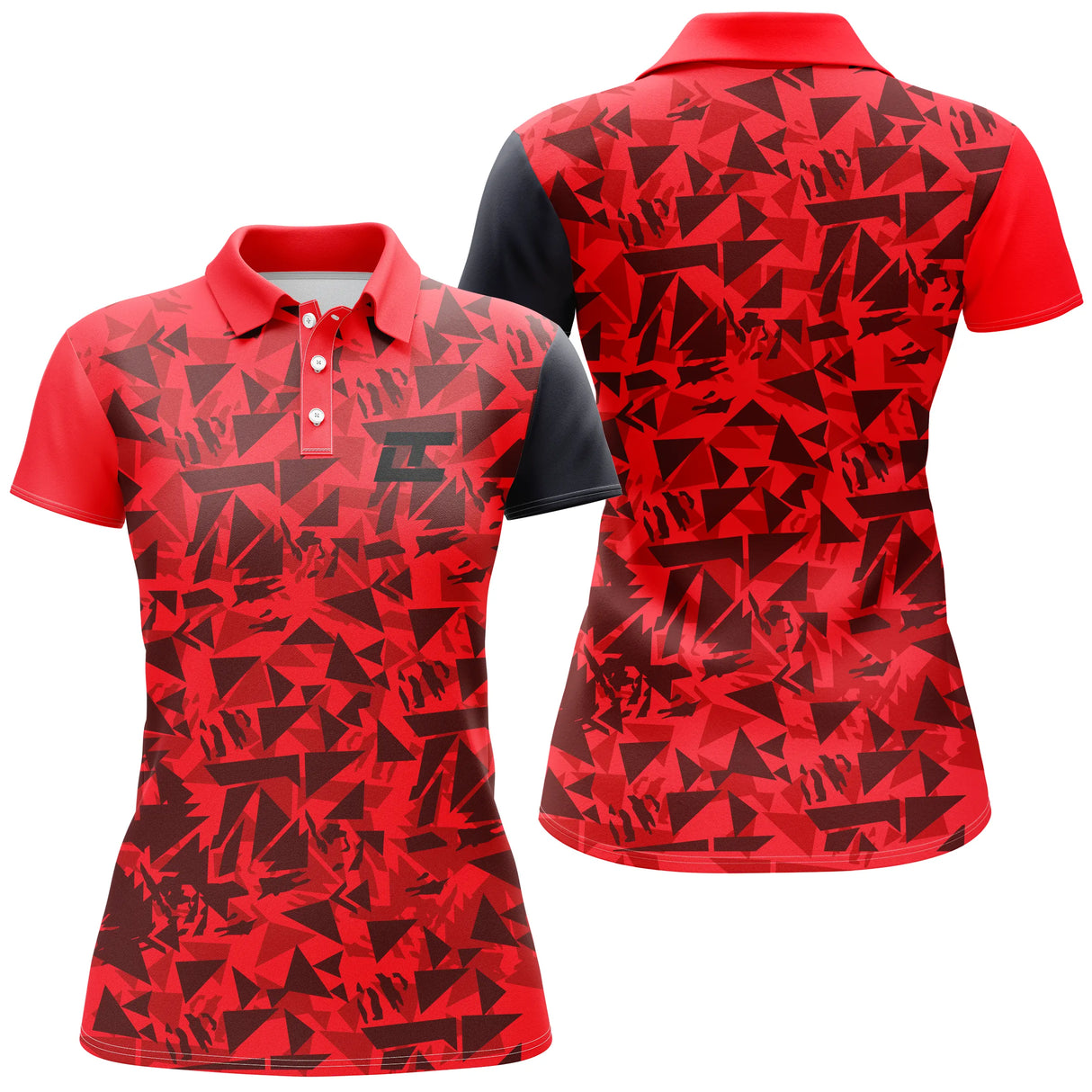 Polo golf femme rouge écarlate éclats triangulaires blancs coupe cintrée tissu respirant léger