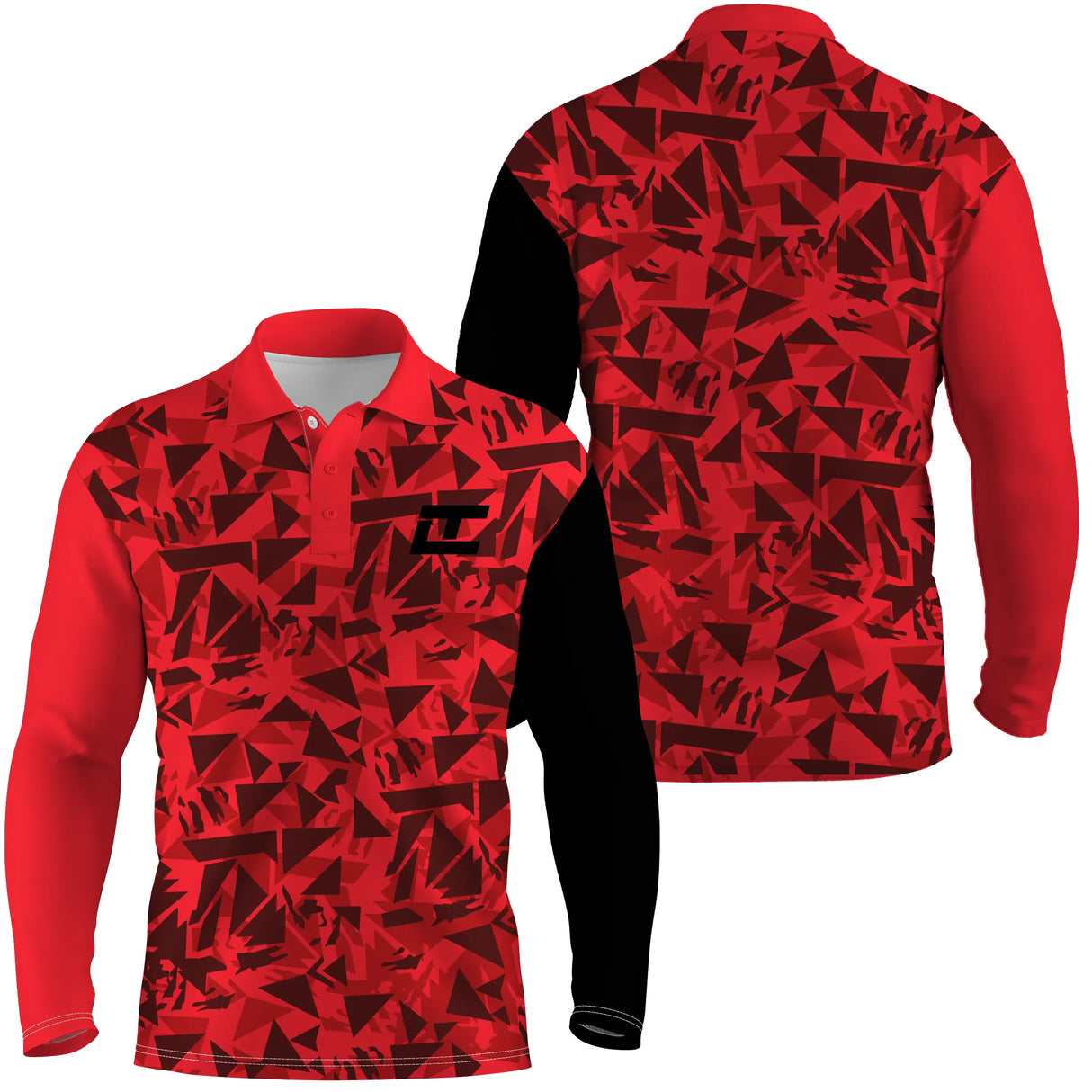 Polo manches longues golf unisexe rouge écarlate éclats triangulaires blancs tissu respirant