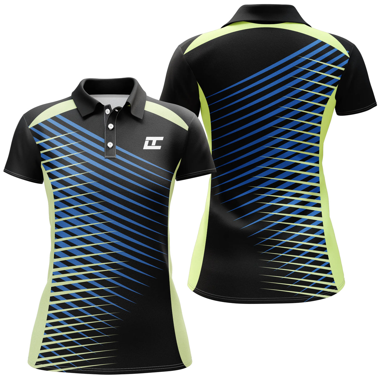 Polo golf femme noir lignes diagonales vert et bleu coupe cintrée tissu technique respirant léger