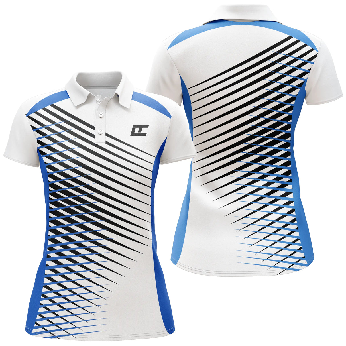 Polo golf femme blanc lignes diagonales vert et bleu coupe cintrée tissu respirant léger été