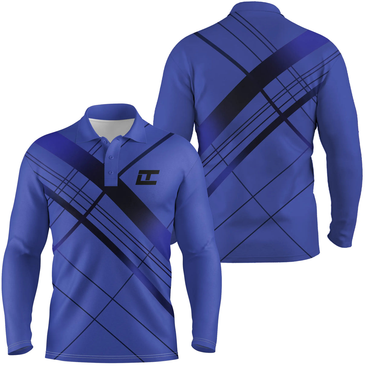 Polo manches longues golf unisexe bleu marine rayures diagonales tissu technique respirant
