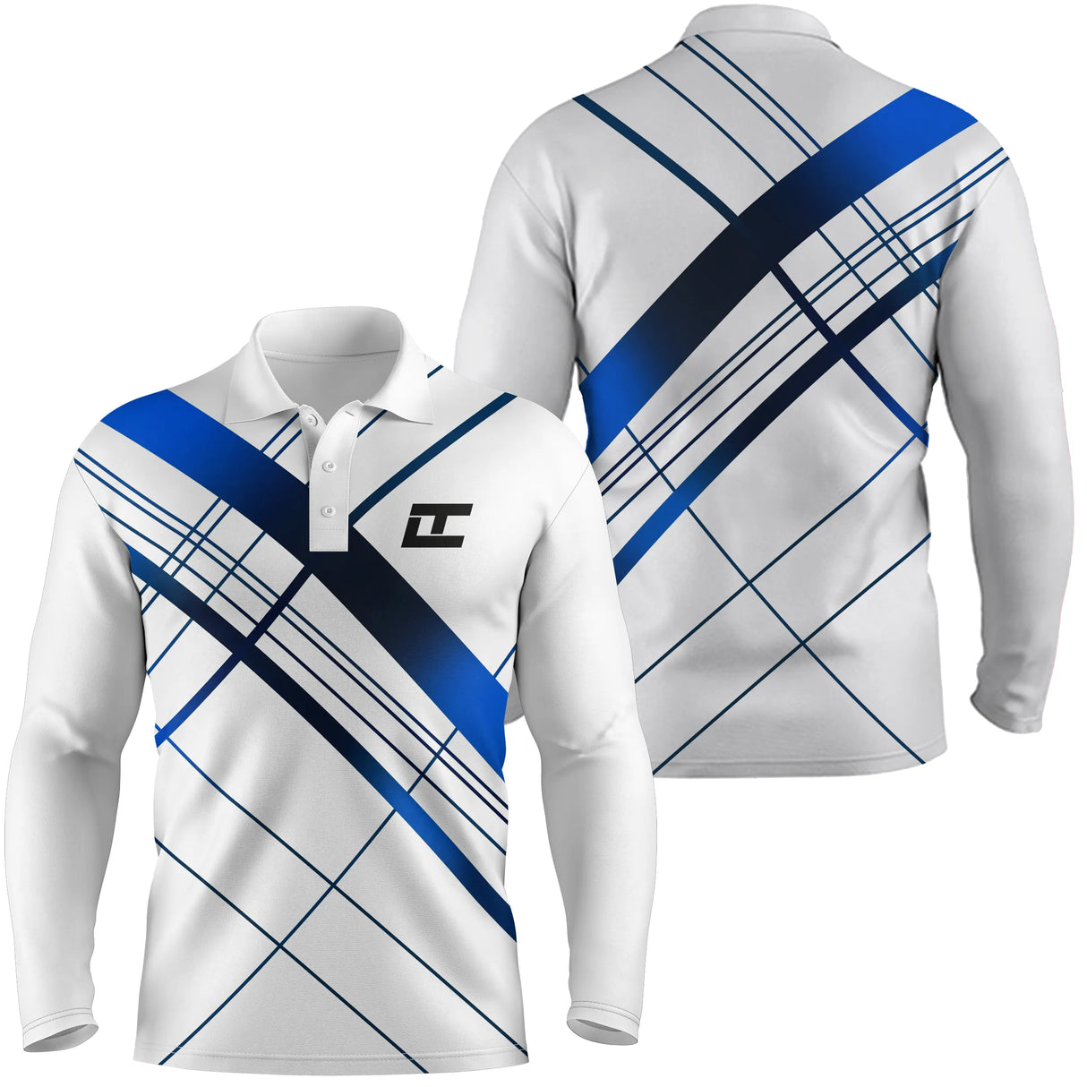 Polo manches longues golf unisexe blanc rayures diagonales bleu noir tissu respirant léger