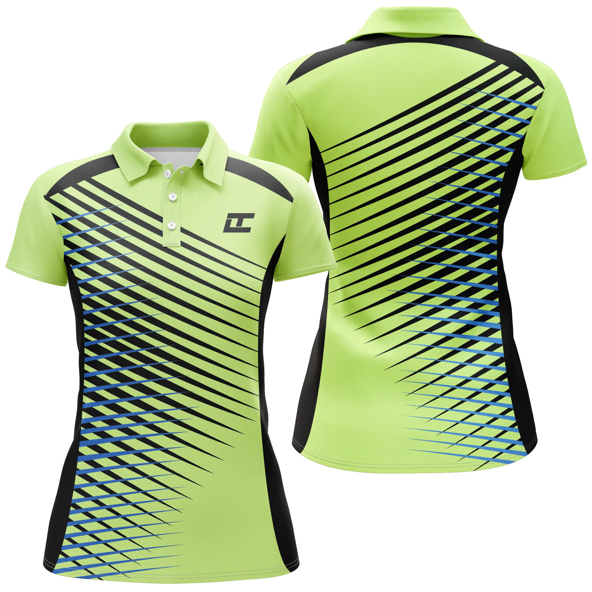 Polo golf femme vert prairie lignes diagonales bleu coupe cintrée tissu respirant léger