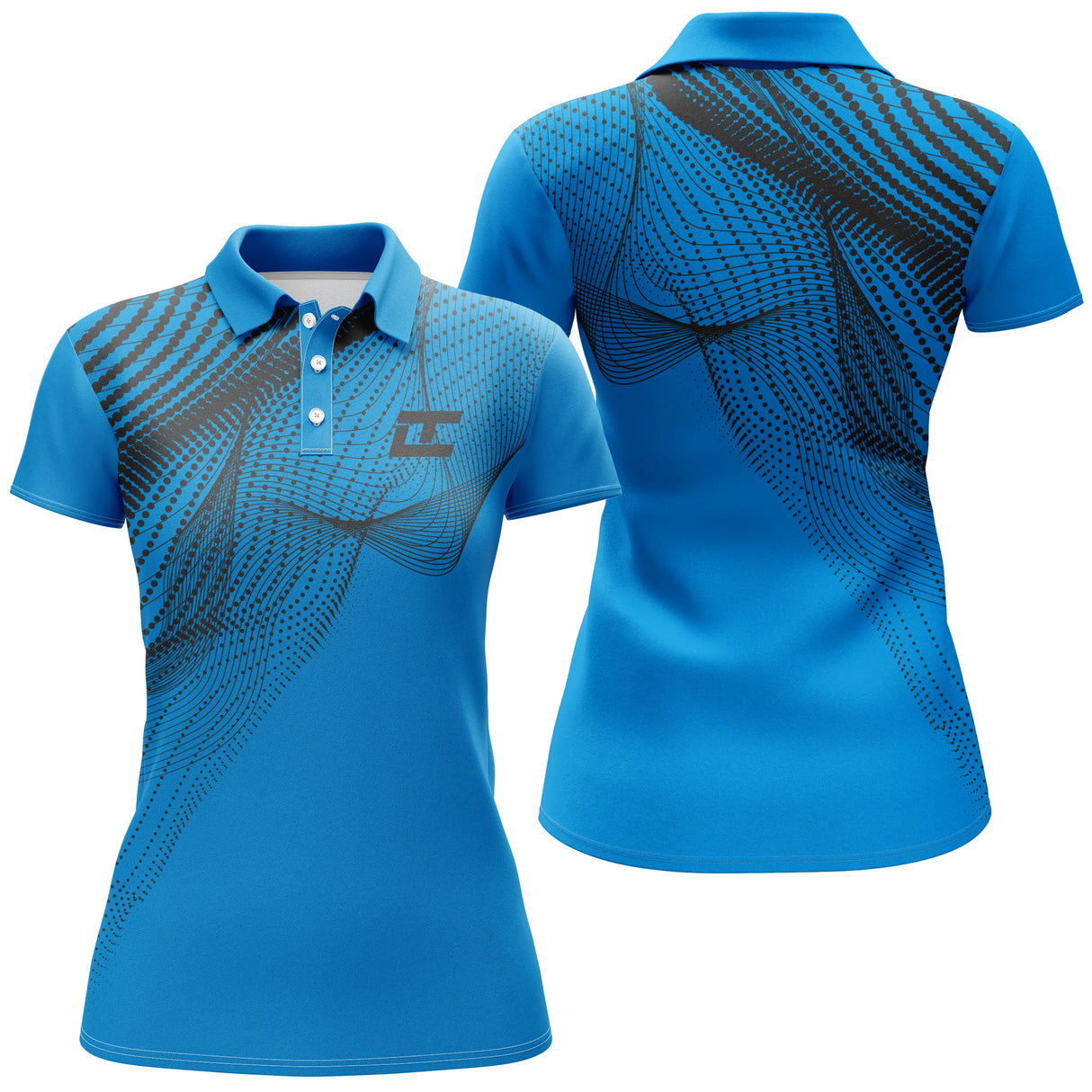 Polo manches longues golf unisexe bleu royal vague turquoise pointillée tissu respirant léger