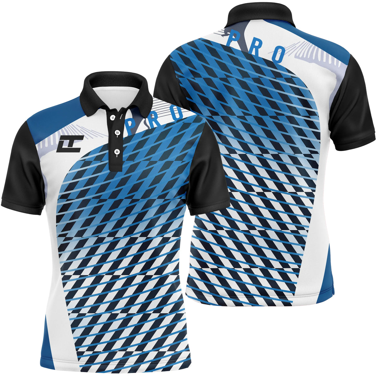 Polo sport homme motif géométrique parallélogrammes bleu royal noir et blanc bandes diagonales coupe ajustée séchage rapide