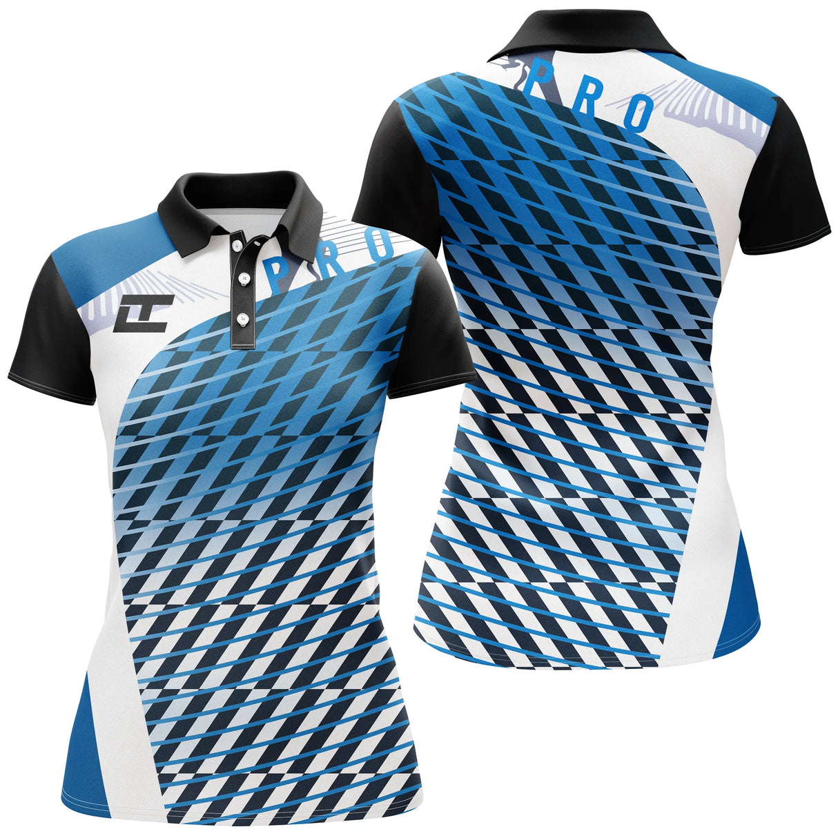 Polo sport femme motif géométrique tricolore bleu noir blanc coupe cintrée tissu technique respirant