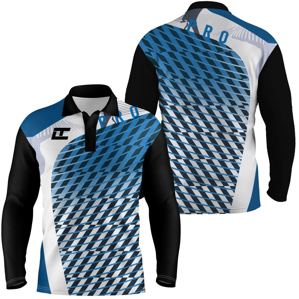 Polo manches longues sport unisexe motif géométrique parallélogrammes bleu noir blanc tissu respirant