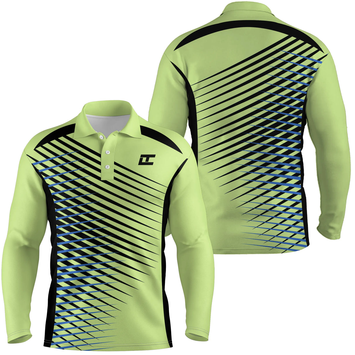 Polo manches longues golf unisexe vert prairie lignes diagonales bleu royal tissu respirant