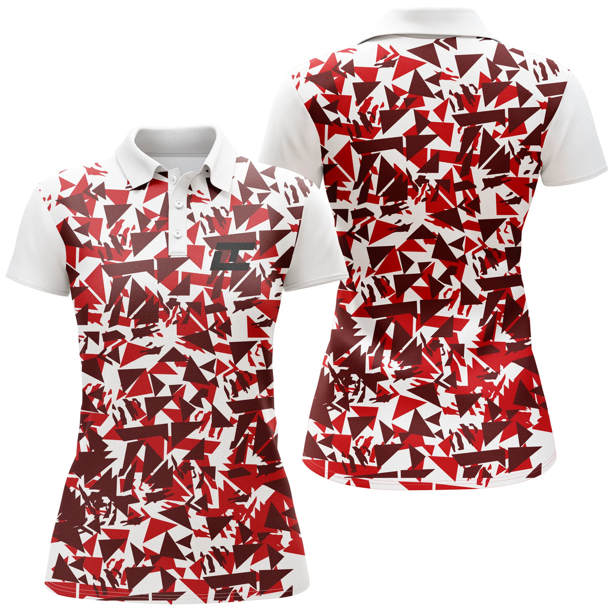 Polo golf femme blanc éclats triangulaires rouges coupe cintrée tissu respirant léger été
