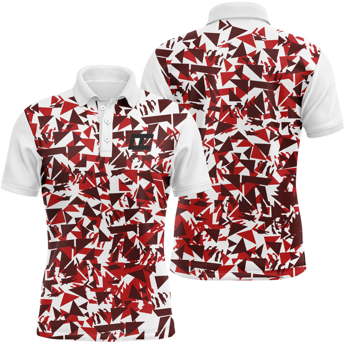 Polo golf homme blanc motif éclats triangulaires rouges all-over coupe ajustée séchage rapide léger été