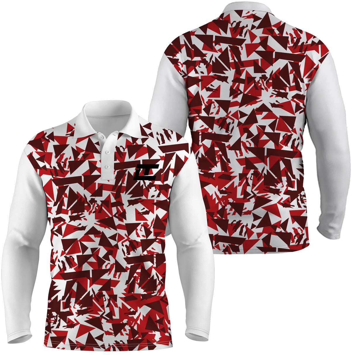 Polo manches longues golf unisexe blanc éclats triangulaires rouges tissu technique respirant