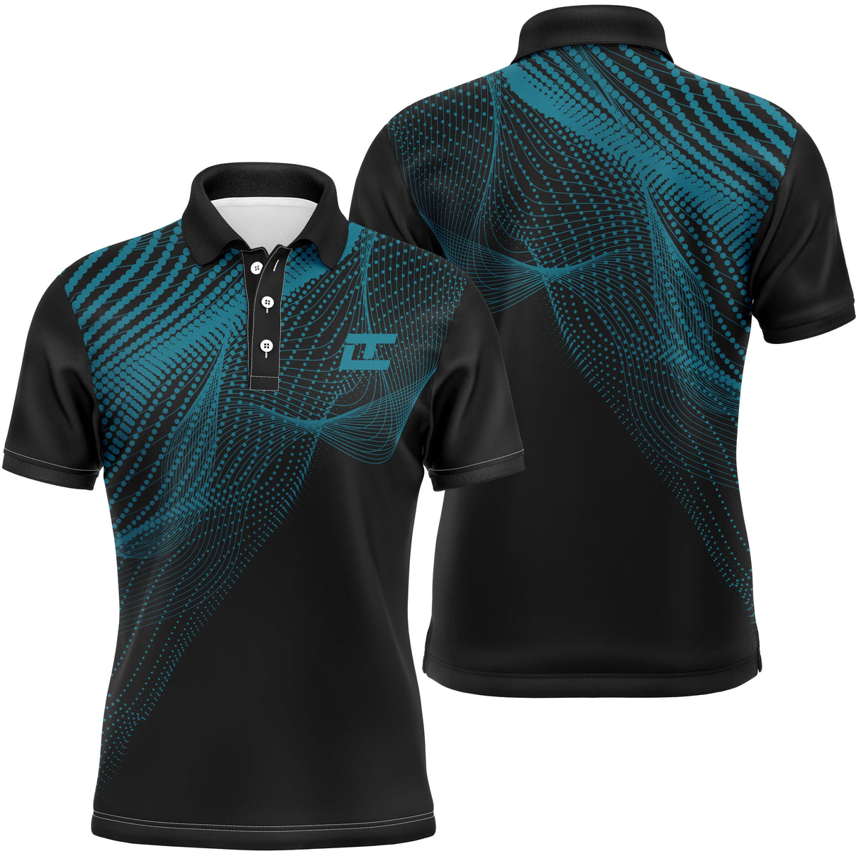 Polo golf homme noir profond motif vague pointillée turquoise épaule dégradé séchage rapide