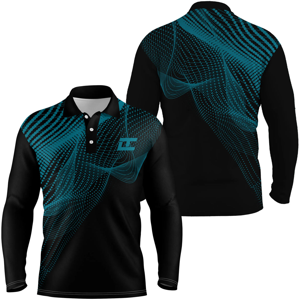Polo manches longues golf unisexe noir vague pointillée turquoise tissu technique respirant