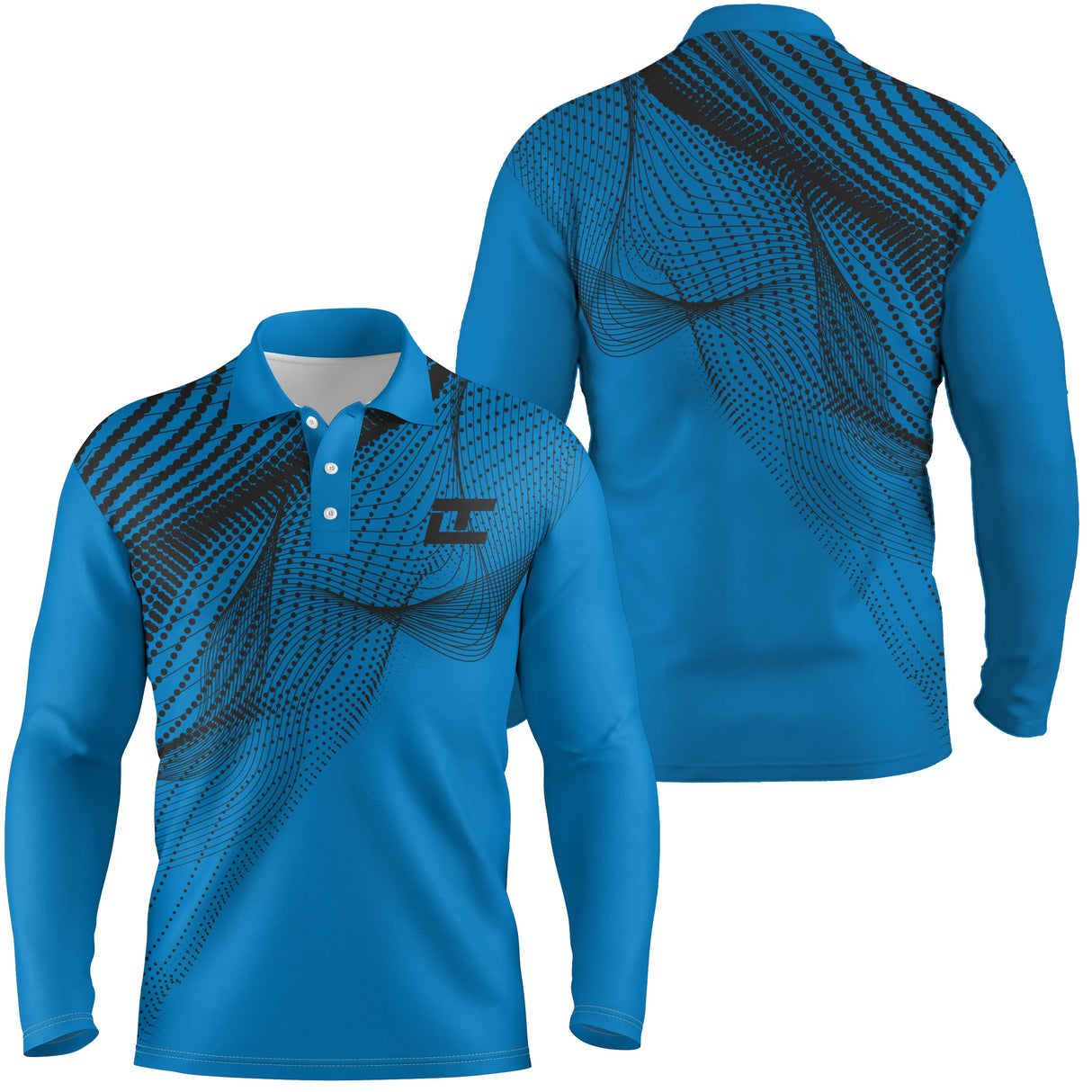 Polo golf femme bleu royal motif vague pointillée turquoise dégradé coupe cintrée tissu respirant