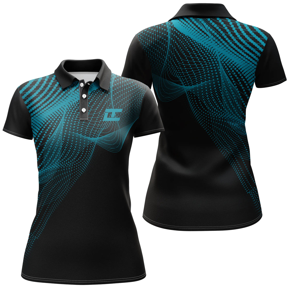 Polo golf femme noir motif vague pointillée turquoise dégradé coupe cintrée tissu respirant
