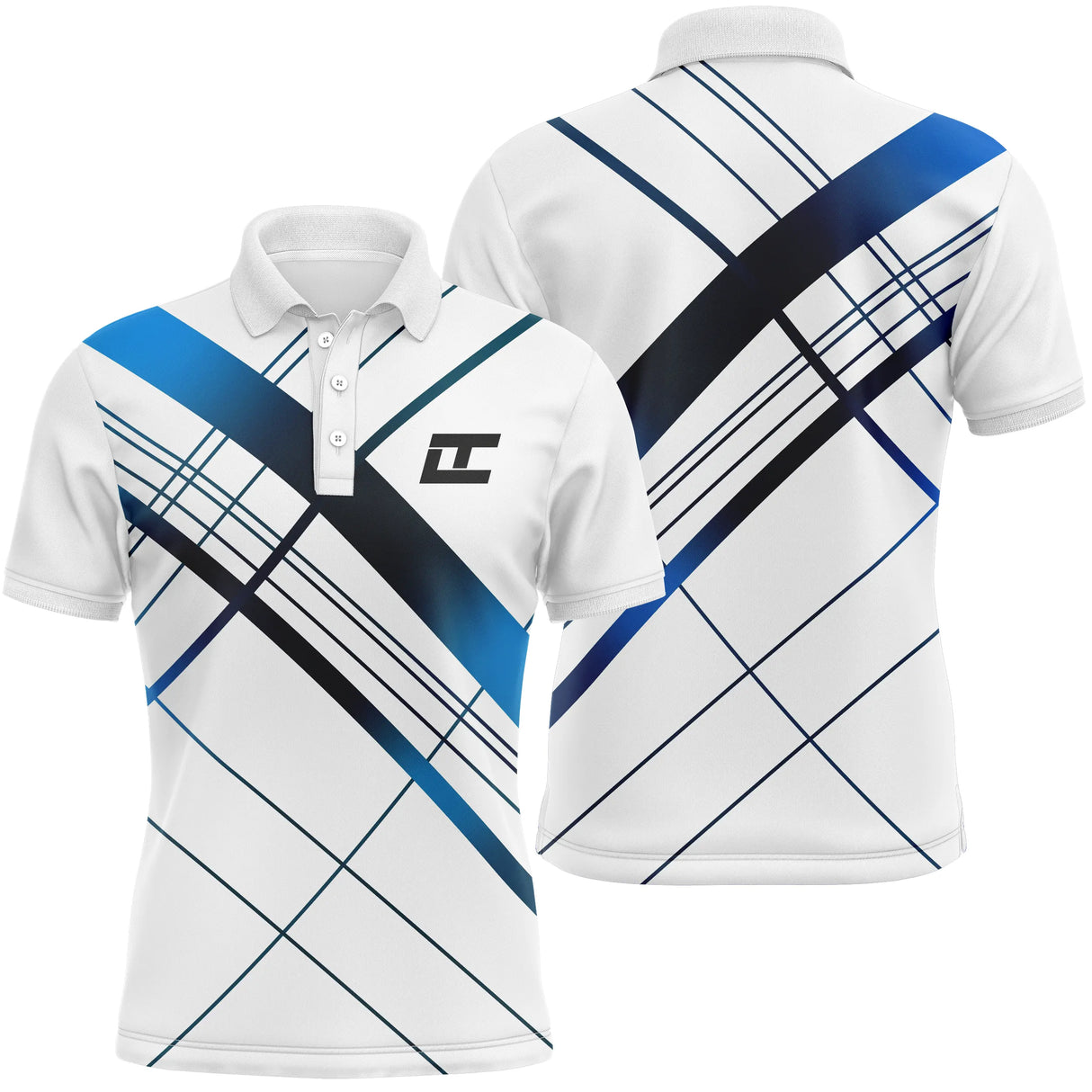 Polo golf homme blanc rayures diagonales bleu et noir croisées coupe ajustée séchage rapide léger été