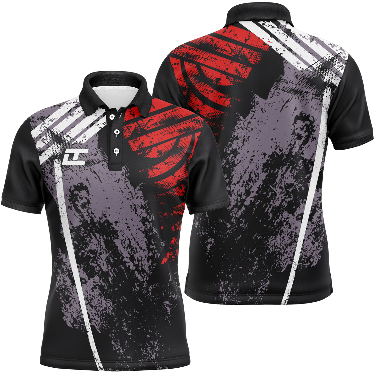 Polo sport homme noir profond explosion graphique rouge grunge épaule manche accents blancs dynamiques séchage rapide