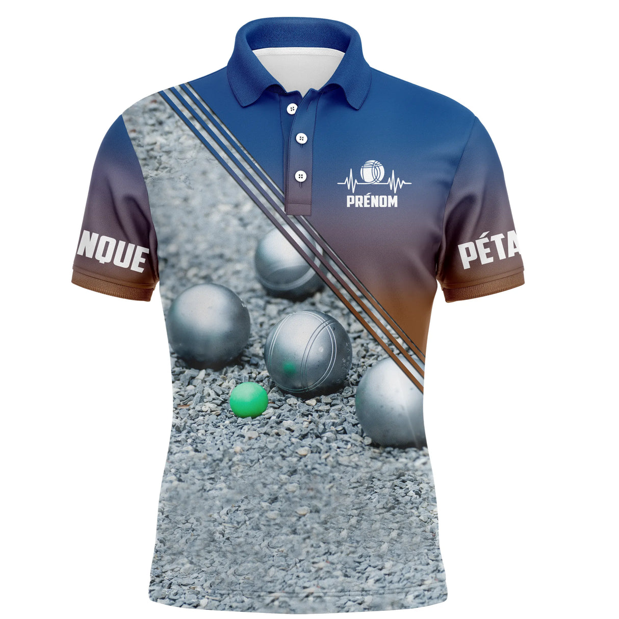 Polo pétanque bleu marine et orange homme avec boules sur sable et cochonnet vert, prénom personnalisé