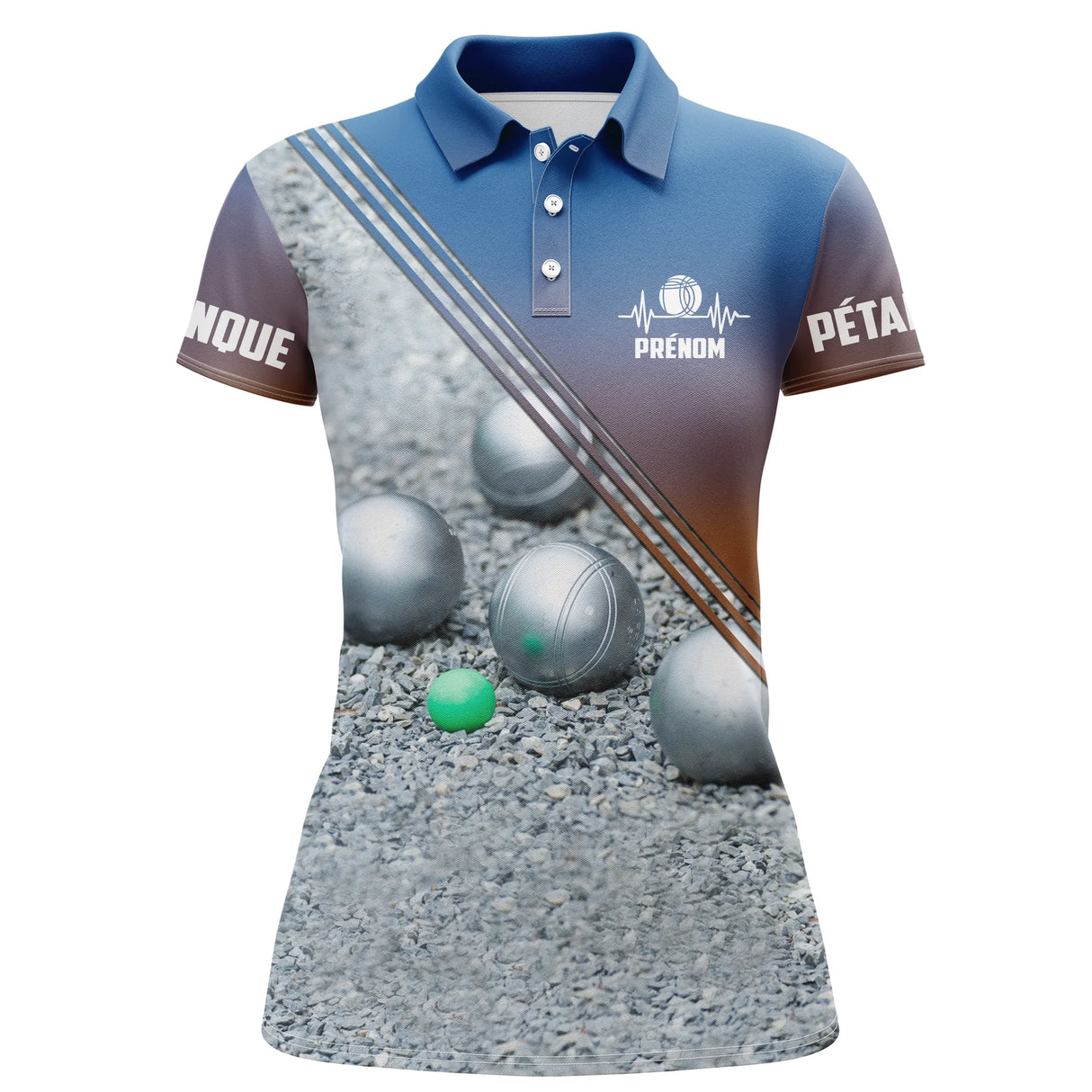 Polo pétanque bleu marine et orange femme avec boules métalliques sur terrain et cochonnet, prénom personnalisé
