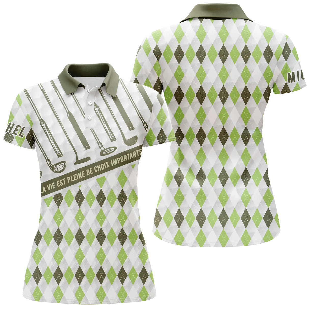 Polo golf argyle vue de face motif losanges all-over, coupe homme et femme disponibles personnalisable