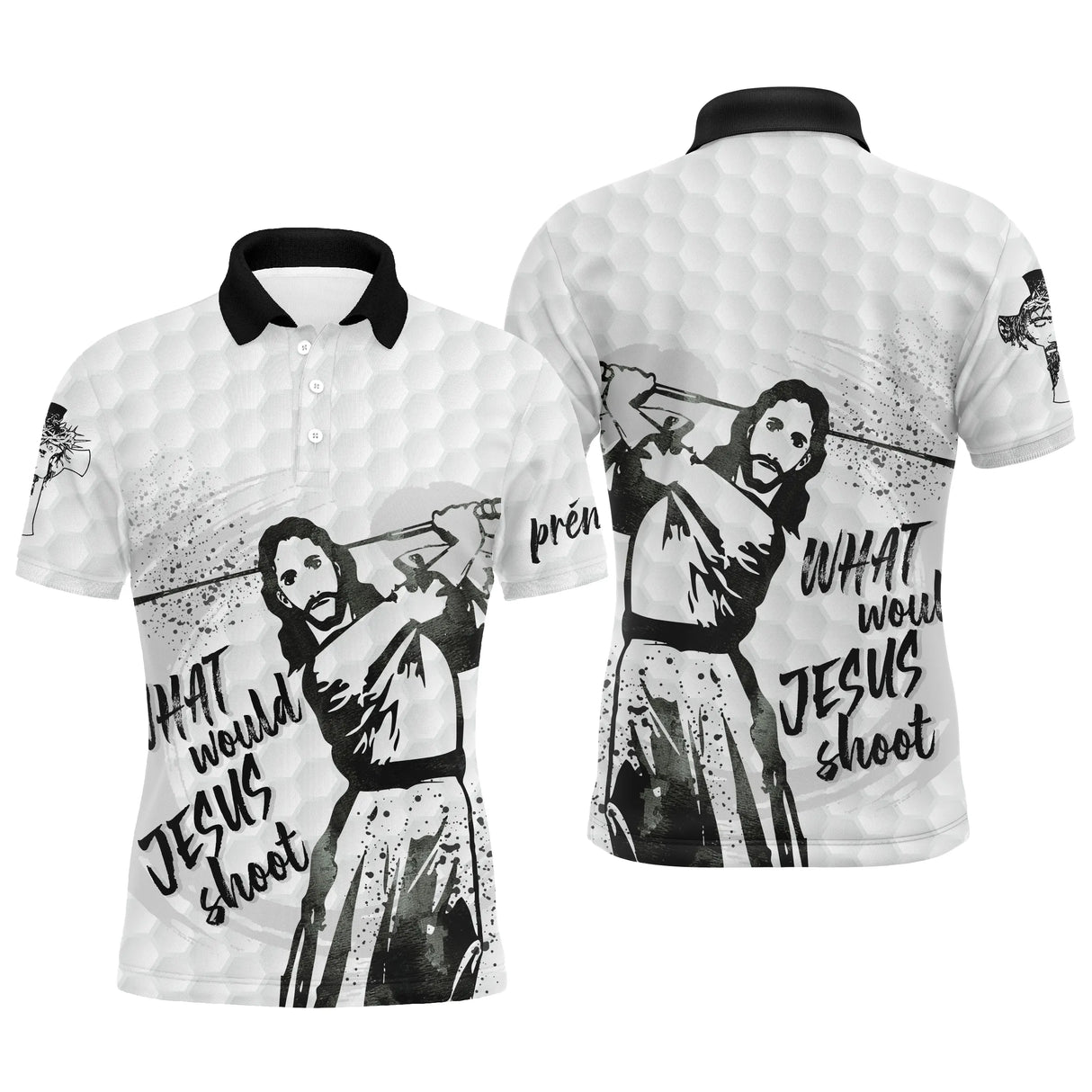Polo golf personnalisé blanc noir avec silhouette Jesus en swing et lettrage What would Jesus shoot, prénom sur manche