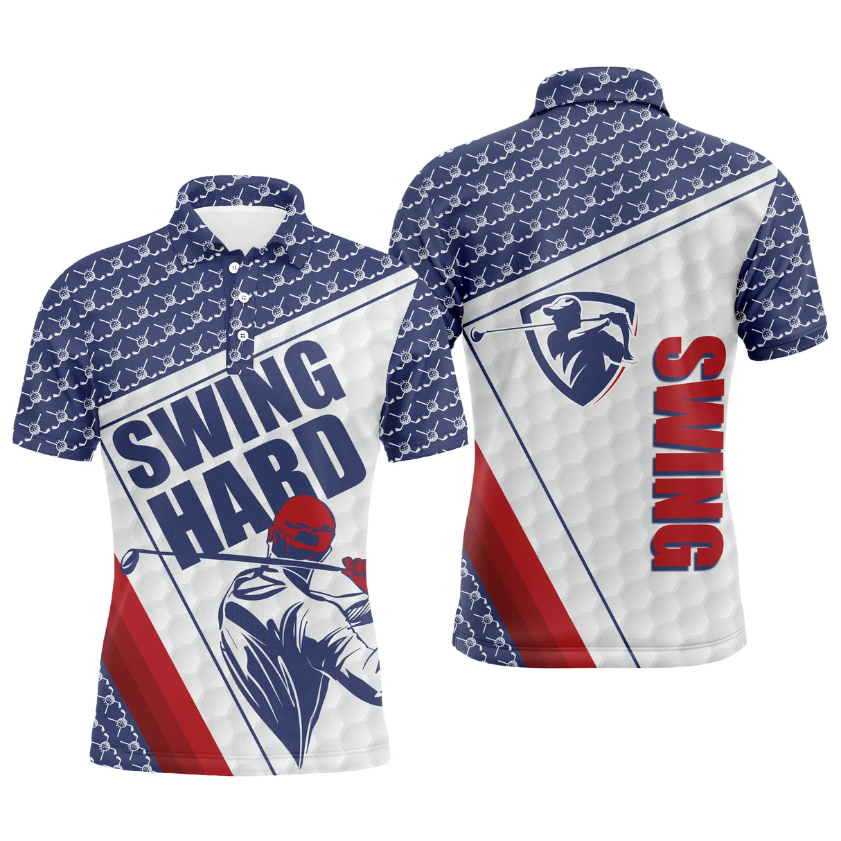 Polo golf Swing Hard bleu marine blanc rouge avec silhouette golfeur en plein swing et lettrage typographique
